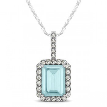 Diamond & Emerald Cut Aquamarine Halo Pendant Necklace 14k White Gold (3.25ct)