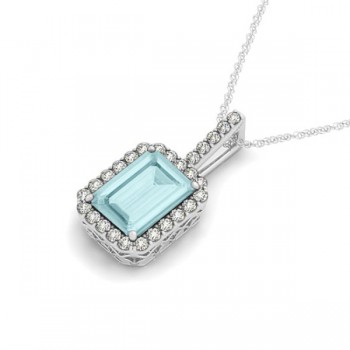 Diamond & Emerald Cut Aquamarine Halo Pendant Necklace 14k White Gold (3.25ct)