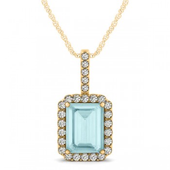 Diamond & Emerald Cut Aquamarine Halo Pendant Necklace 14k Yellow Gold (3.25ct)