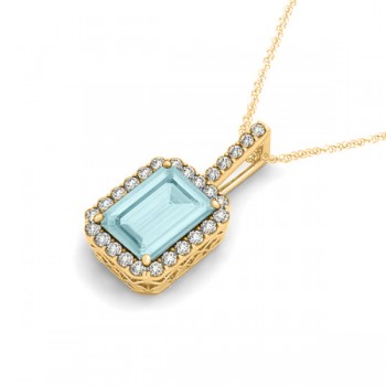 Diamond & Emerald Cut Aquamarine Halo Pendant Necklace 14k Yellow Gold (3.25ct)