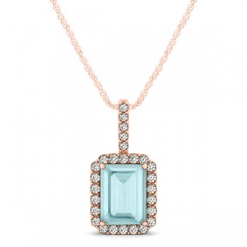 Diamond & Emerald Cut Aquamarine Halo Pendant Necklace 14k Rose Gold (1.00ct)