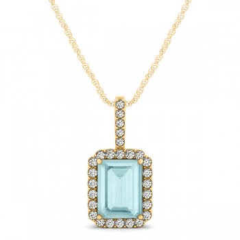 Diamond & Emerald Cut Aquamarine Halo Pendant Necklace 14k Yellow Gold (1.00ct)