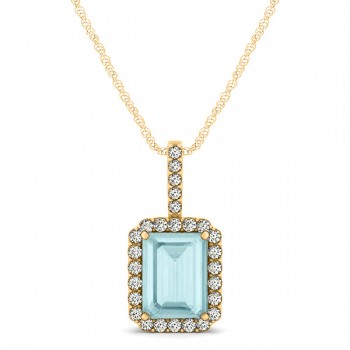 Diamond & Emerald Cut Aquamarine Halo Pendant Necklace 14k Yellow Gold (1.00ct)