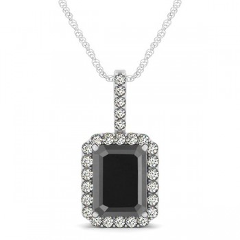 Diamond & Emerald Cut Black Diamond Halo Pendant Necklace 14k White Gold (4.04ct)