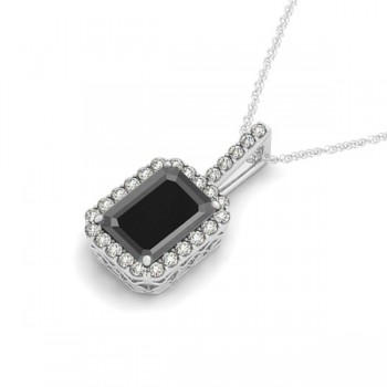 Diamond & Emerald Cut Black Diamond Halo Pendant Necklace 14k White Gold (4.04ct)