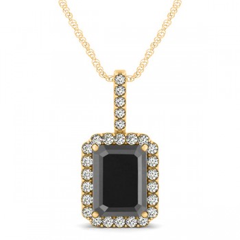 Diamond & Emerald Cut Black Diamond Halo Pendant Necklace 14k Yellow Gold (4.04ct)