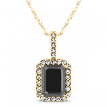 Diamond & Emerald Cut Black Diamond Halo Pendant Necklace 14k Yellow Gold (4.04ct)