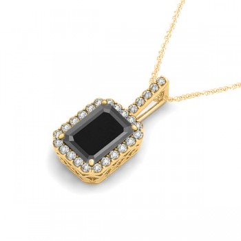 Diamond & Emerald Cut Black Diamond Halo Pendant Necklace 14k Yellow Gold (4.04ct)