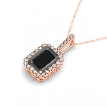 Diamond & Emerald Cut Black Diamond Halo Pendant Necklace 14k Rose Gold (1.25ct)