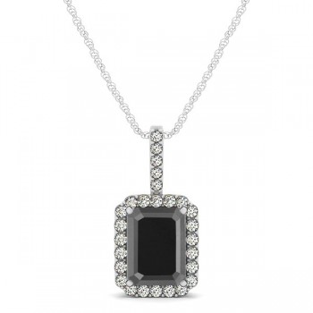 Diamond & Emerald Cut Black Diamond Halo Pendant Necklace 14k White Gold (1.25ct)