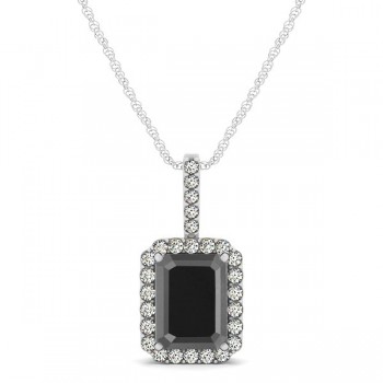 Diamond & Emerald Cut Black Diamond Halo Pendant Necklace 14k White Gold (1.25ct)
