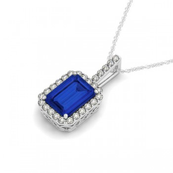 Lab Grown Diamond & Emerald Cut Blue Sapphire Halo Pendant 14k White Gold (4.25ct)