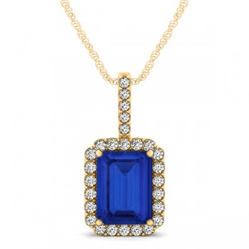 Lab Grown Diamond & Emerald Cut Blue Sapphire Halo Pendant 14k Yellow Gold (4.25ct)