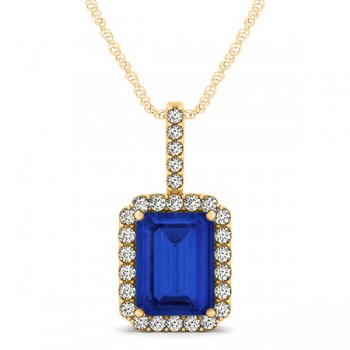 Diamond & Emerald Cut Blue Sapphire Halo Pendant Necklace 14k Yellow Gold (4.25ct)