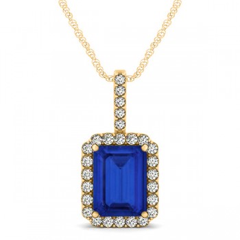 Diamond & Emerald Cut Blue Sapphire Halo Pendant Necklace 14k Yellow Gold (4.25ct)