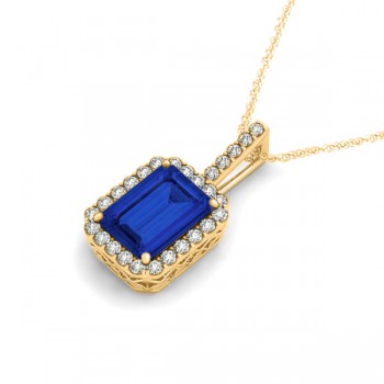Diamond & Emerald Cut Blue Sapphire Halo Pendant Necklace 14k Yellow Gold (4.25ct)