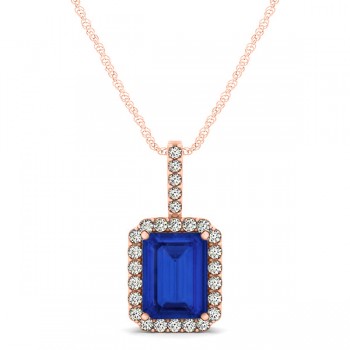 Diamond & Emerald Cut Blue Sapphire Halo Pendant Necklace 14k Rose Gold (1.34ct)