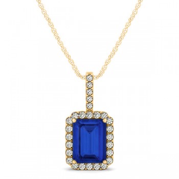 Diamond & Emerald Cut Blue Sapphire Halo Pendant Necklace 14k Yellow Gold (1.34ct)