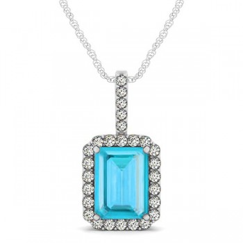 Diamond & Emerald Cut Blue Topaz Halo Pendant Necklace 14k White Gold (4.25ct)