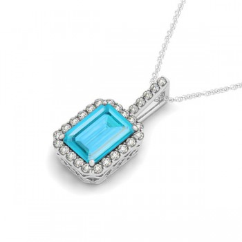 Diamond & Emerald Cut Blue Topaz Halo Pendant Necklace 14k White Gold (4.25ct)