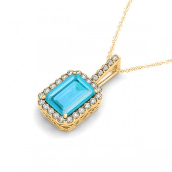 Diamond & Emerald Cut Blue Topaz Halo Pendant Necklace 14k Yellow Gold (4.25ct)