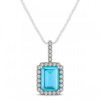 Diamond & Emerald Cut Blue Topaz Halo Pendant Necklace 14k White Gold (1.44ct)