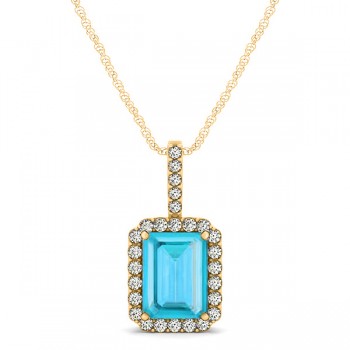 Diamond & Emerald Cut Blue Topaz Halo Pendant Necklace 14k Yellow Gold (1.44ct)