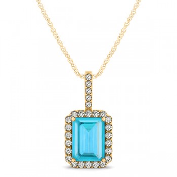 Diamond & Emerald Cut Blue Topaz Halo Pendant Necklace 14k Yellow Gold (1.44ct)