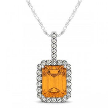 Diamond & Emerald Cut Citrine Halo Pendant Necklace 14k White Gold (4.25ct)