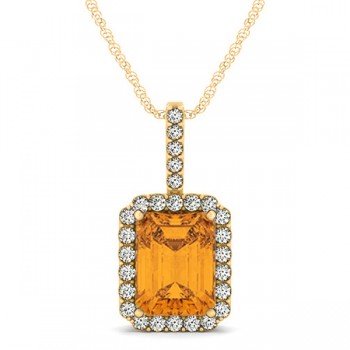 Diamond & Emerald Cut Citrine Halo Pendant Necklace 14k Yellow Gold (4.25ct)