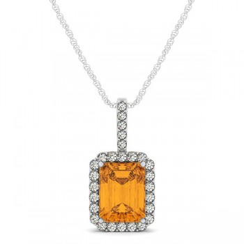 Diamond & Emerald Cut Citrine Halo Pendant Necklace 14k White Gold (1.19ct)