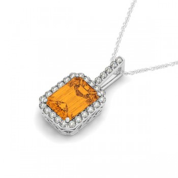 Diamond & Emerald Cut Citrine Halo Pendant Necklace 14k White Gold (1.19ct)