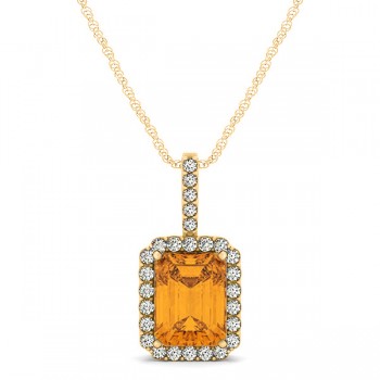 Diamond & Emerald Cut Citrine Halo Pendant Necklace 14k Yellow Gold (1.19ct)