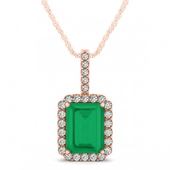 Diamond & Emerald Cut Emerald Halo Pendant Necklace 14k Rose Gold (4.25ct)