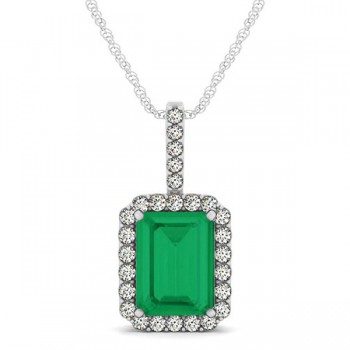 Lab Grown Diamond & Lab Emerald Cut Emerald Halo Pendant 14k White Gold (4.25ct)