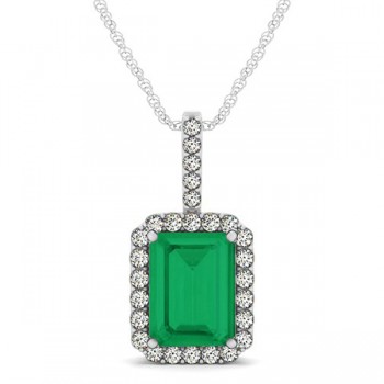 Diamond & Emerald Cut Emerald Halo Pendant Necklace 14k White Gold (4.25ct)