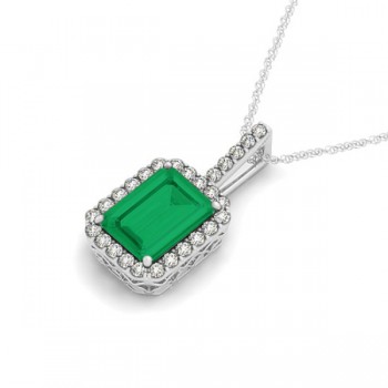 Diamond & Emerald Cut Emerald Halo Pendant Necklace 14k White Gold (4.25ct)