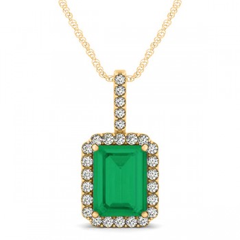 Diamond & Emerald Cut Emerald Halo Pendant Necklace 14k Yellow Gold (4.25ct)