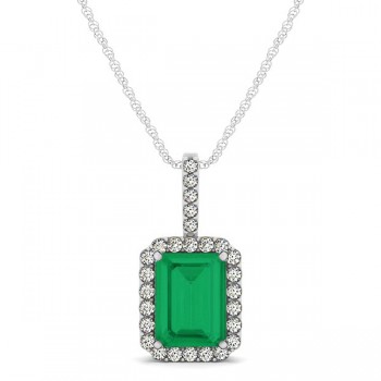 Diamond & Emerald-Cut Emerald Halo Pendant Necklace 14k White Gold (1.09ct)