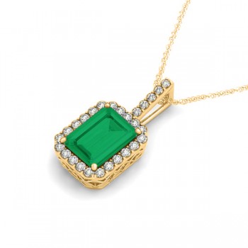 Diamond & Emerald-Cut Emerald Halo Pendant Necklace 14k Yellow Gold (1.09ct)