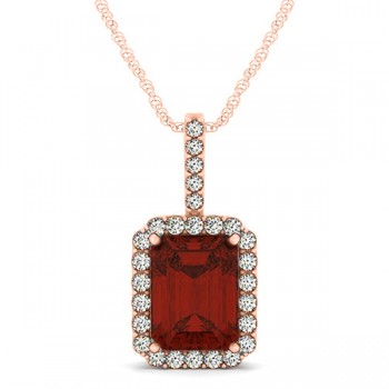 Diamond & Emerald Cut Garnet Halo Pendant Necklace 14k Rose Gold (4.25ct)