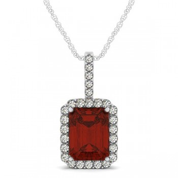 Diamond & Emerald Cut Garnet Halo Pendant Necklace 14k White Gold (4.25ct)