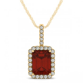 Diamond & Emerald Cut Garnet Halo Pendant Necklace 14k Yellow Gold (4.25ct)