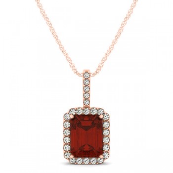 Diamond & Emerald Cut Garnet Halo Pendant Necklace 14k Rose Gold (1.39ct)