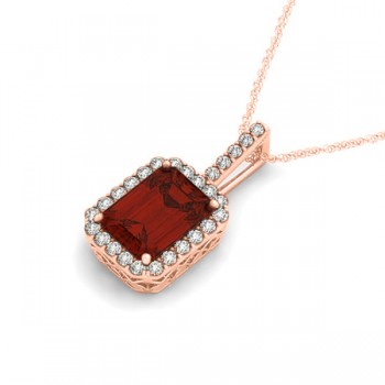 Diamond & Emerald Cut Garnet Halo Pendant Necklace 14k Rose Gold (1.39ct)