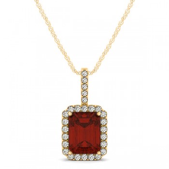 Diamond & Emerald Cut Garnet Halo Pendant Necklace 14k Yellow Gold (1.39ct)