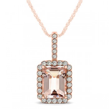 Diamond & Emerald Cut Morganite Halo Pendant Necklace 14k Rose Gold (4.25ct)