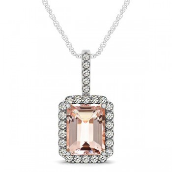 Diamond & Emerald Cut Morganite Halo Pendant Necklace 14k White Gold (4.25ct)