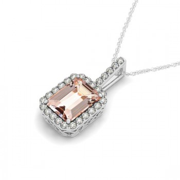 Diamond & Emerald Cut Morganite Halo Pendant Necklace 14k White Gold (4.25ct)