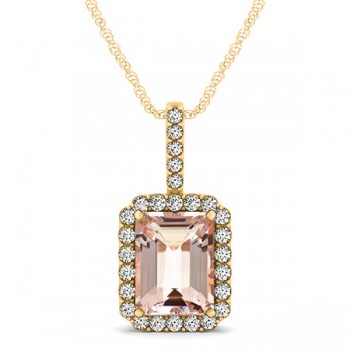 Diamond & Emerald Cut Morganite Halo Pendant Necklace 14k Yellow Gold (4.25ct)